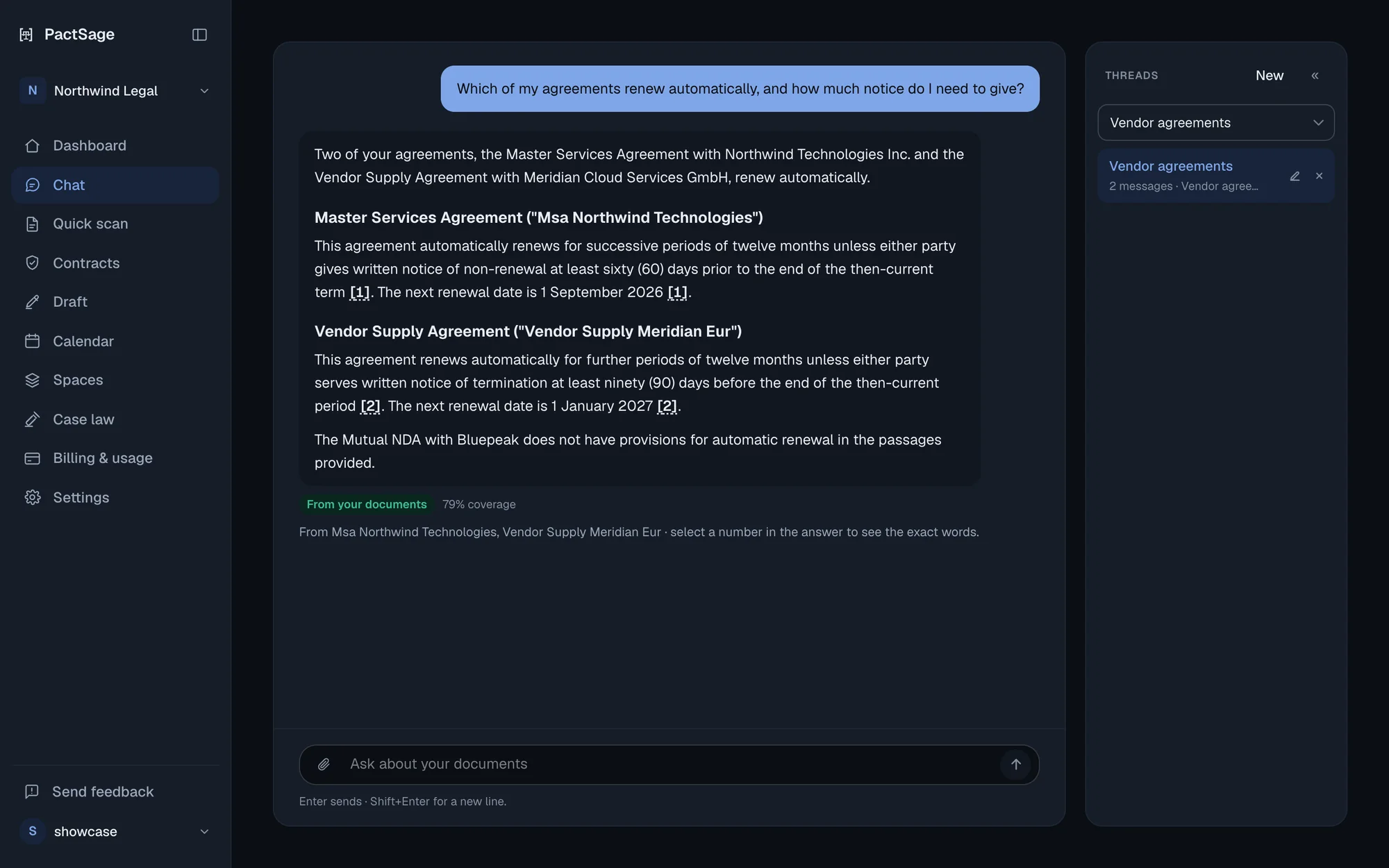 Chat answer listing which agreements renew automatically and the notice each needs, with numbered citations to the source passages.