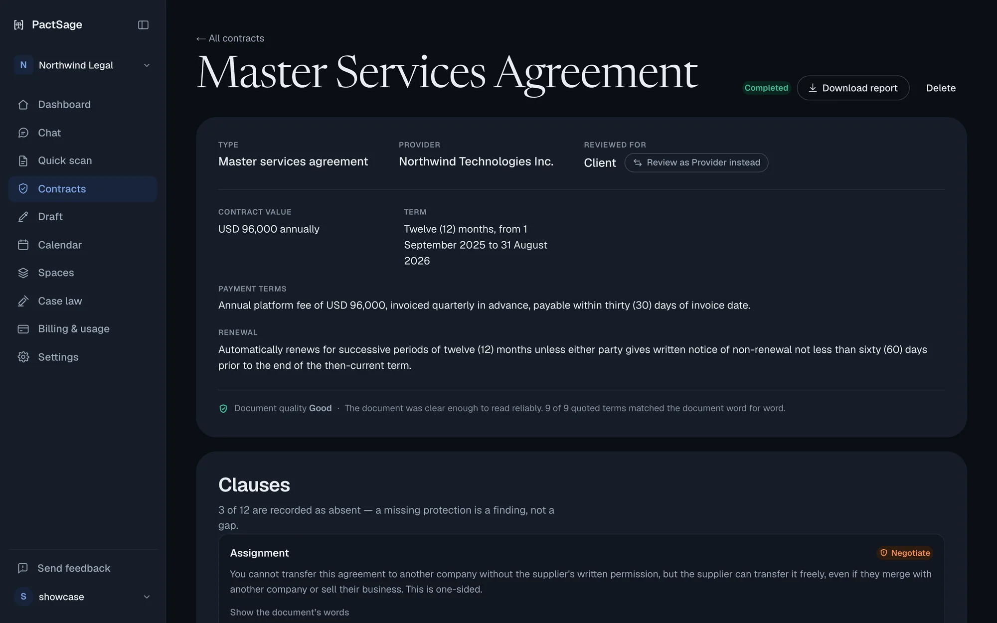 PactSage reviewing a master services agreement: type, counterparty, contract value, term, payment and renewal terms, with a document-quality check.